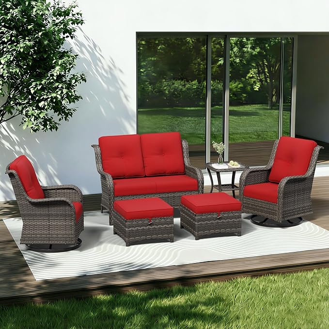 6 Piece Outdoor Wicker Patio Furniture Set, Outdoor Swivel Rocker Patio Chairs Set with Thickened Olefin Cushions, High Back and Deep Seating, Hand-Woven PE Rattan for Porch, Deck