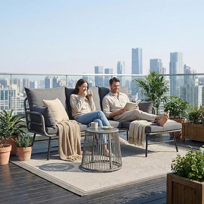 Bezseller 3-Piece Outdoor Patio Furniture Set, L-Shaped Rattan Sectional Sofa with Thick Cushions, Glass Coffee Table – All-Weather Conversation Set for Backyard, Porch, Poolside