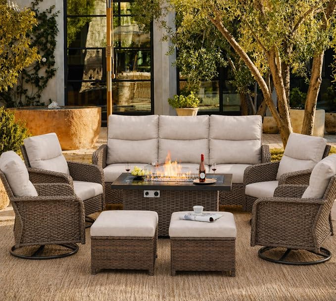 XIAO WEI 8-Piece Outdoor Furniture Set with Fire Pit Table, Wicker Patio Conversation Set with Cushions & Swivel Glide Chairs, All-Weather Patio Furniture Set for Backyard, Garden, Deck (Beige)