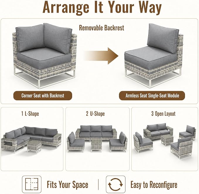 12-Piece Outdoor Patio Furniture Set, Modern PE Wicker Outdoor Sectional Sofa with Storage Armrests & 5.5" Thick Cushions, L-Shaped Couch for Deck, Porch, Backyard, Charcoal Gray