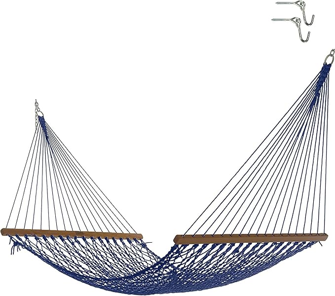 Nags Head Hammocks First Mate Navy DuraCord Rope Hammock – 12 ft. x 50 in., 450 lb Capacity, Cumaru Spreader Bar, Galvanized Hardware, Handcrafted in USA, Free Chains & Tree Hooks