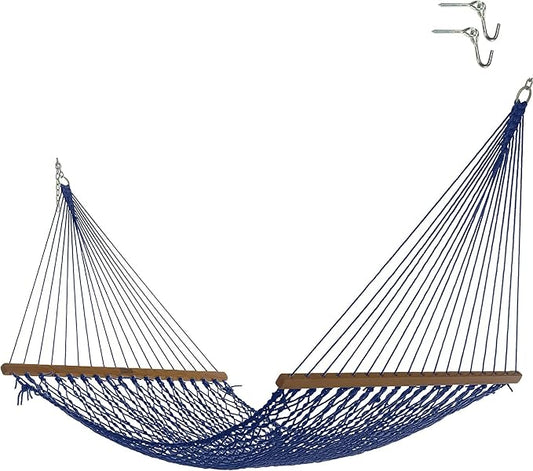 Nags Head Hammocks First Mate Navy DuraCord Rope Hammock – 12 ft. x 50 in., 450 lb Capacity, Cumaru Spreader Bar, Galvanized Hardware, Handcrafted in USA, Free Chains & Tree Hooks