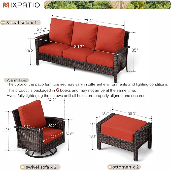 5-Piece Wicker Patio Furniture Set, High Back Outdoor Swivel Chairs with Comfy Ottoman, 5.5-inch Thick Cushion, All-Weather Wicker Patio Conversation Set for Deck Yard Pool, Red