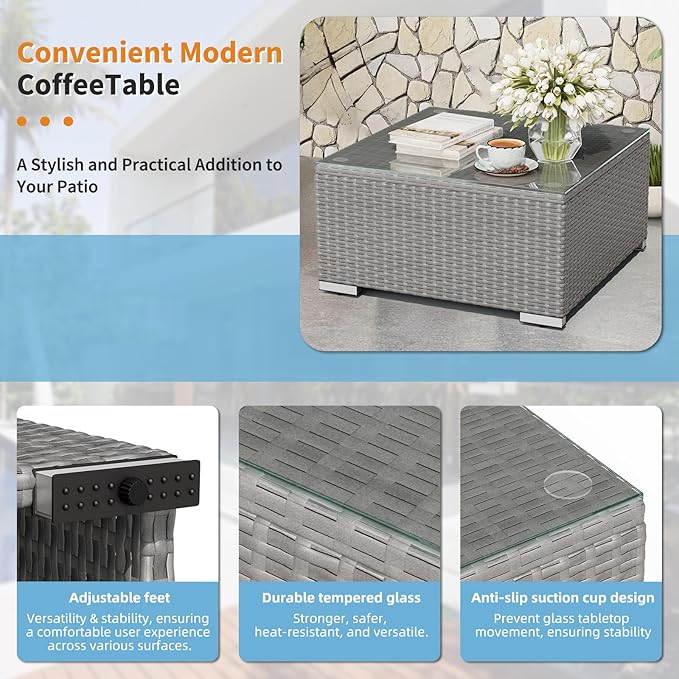 Oakcloud 8-Piece Outdoor Patio Furniture Sofa Set with 45” Propane Gas Fire Pit Table, Grey Rattan Wicker Sectional Conversation Sets with Glass Top Tables and Cushions(Haze Blue, w/Fire Pit Table)