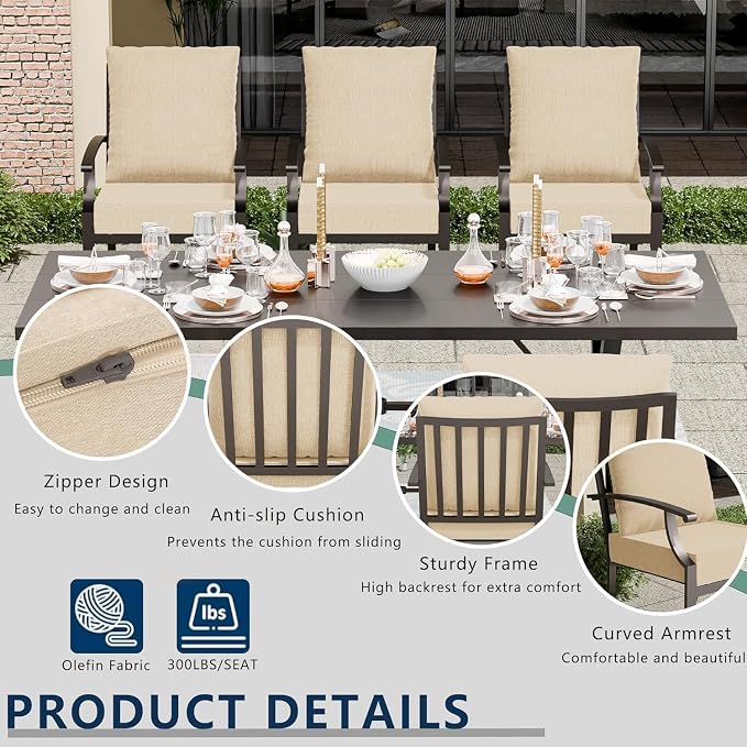 9 Piece Outdoor Dining Set for 8, Metal Patio Table and Chairs with Cushions, Patio Furniture Set with 8 Swivel Chairs, Rectangular Metal Dining Table with Umbrella Hole, Lawn Deck Yard-Sand