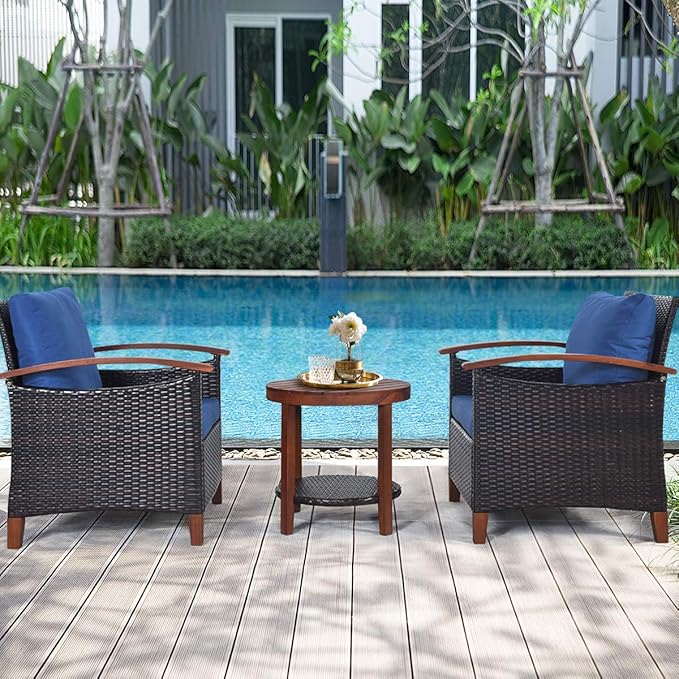HAPPYGRILL 3 Pieces Rattan Furniture Set Outdoor Patio Conversation Set Wicker Sofa Set with Cushion & Acacia Wood Frame, Table & Chairs Set for Garden Poolside Balcony