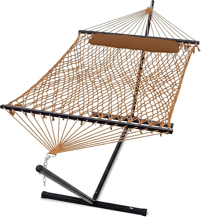 GAFETE 2 Person Hammock with Stand for Outside, 52inch Double Cotton Rope Hammock, Heavy Duty Steel Stand, Large Removable Pillow, Max 475 lbs Capacity (Coffee Brown)