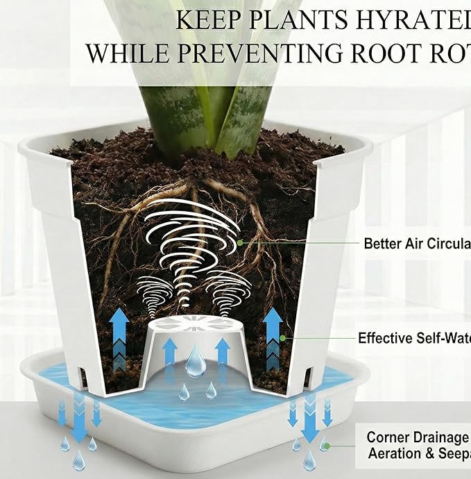 10 Inch Square Planters with Saucers - 5 Pack Large White Plastic Plant Pots with Raised Airflow Center & Corner Vents - Heavy Duty 5mm Thick Orchid Pots for Indoor Outdoor Vegetables & Trees