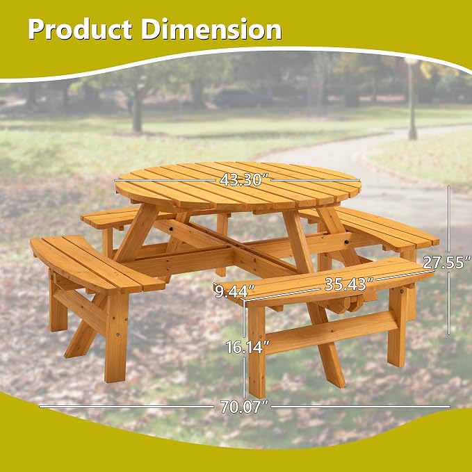 Outdoor Wooden Picnic Table with 4 Built-in Benches and Umbrella Hole for 8 Person，Outside Table and Bench Set Round Picnic Table for Garden, Backyard, Porch,Patio（Natural