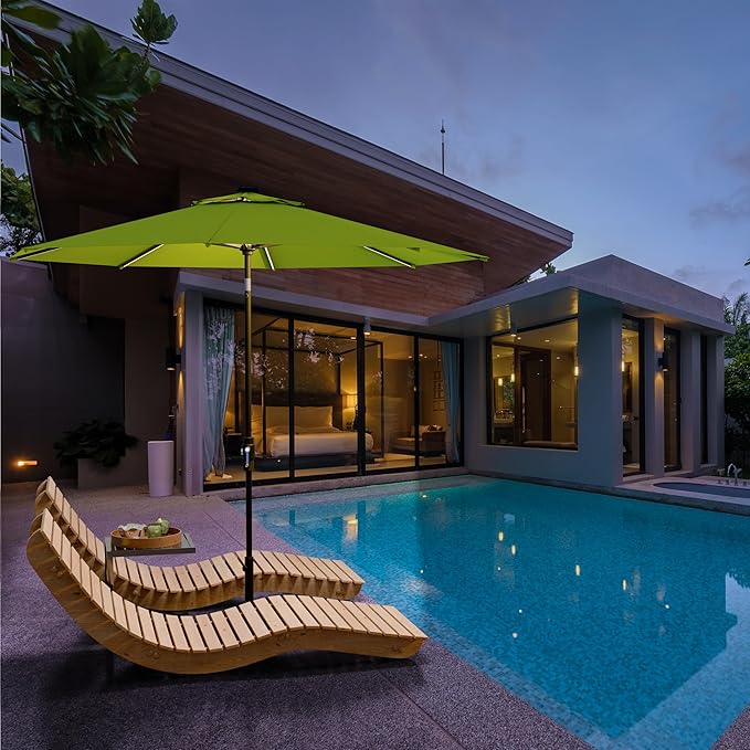 Midtown Umbrellas The LED Swilt 9 Feet Patio Umbrella With Terylast Pear (Green) Polyester Fabric - Auto-Tilt Aluminum Frame With LED Lights For Backyard, Deck, Garden, Pool - Black Pole
