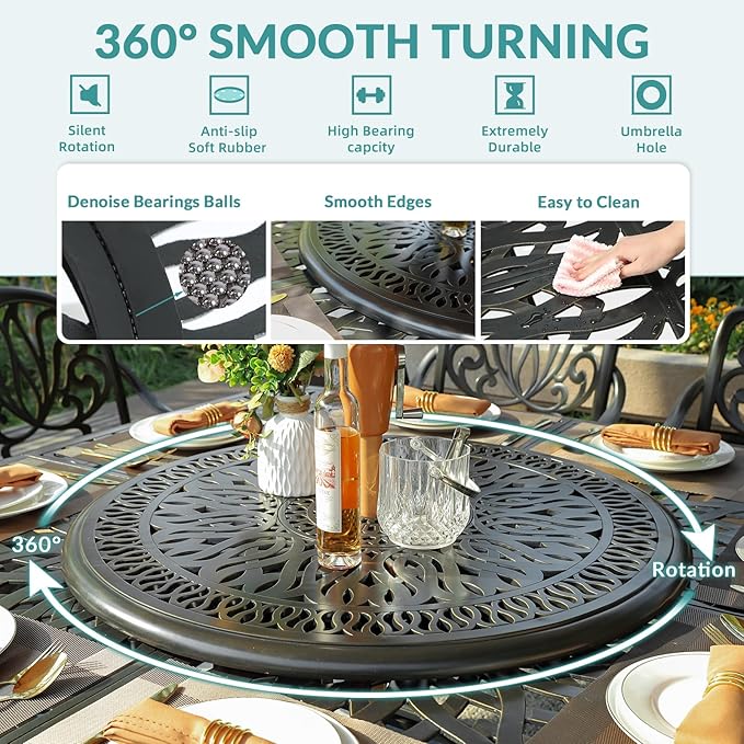 MEETWARM Outdoor 64" Square Patio Dining Table with Detachable Lazy Susan, All Weather Cast Aluminum Large Patio Furniture Table Set for 8 Seat with 35.4" Rotating Tray, Umbrella Hole, Dark Bronze