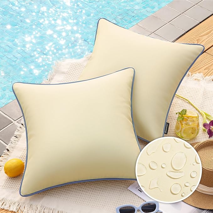 Phantoscope Pack of 2 Outdoor Waterproof Throw Pillow Covers with Contrast Piping, Decorative Square Cushion Case Patio Pillows for Couch Tent, Light Beige 20x20 inches