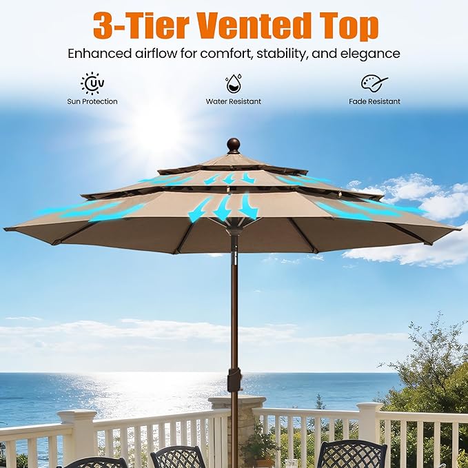EliteShade USA 10-Year-Non-Fading 10ft 3-Tier Market Patio Umbrella, Commercial Grade Outdoor Table Umbrella with Crank Open, Windproof & UPF 50+ UV Protection, Heavy Duty Ventilation for Garden, Deck, Pool, Backyard, Beach & Bistro, Heather Beige