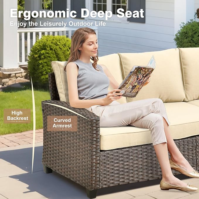 ovios 7 Pieces Patio Furniture Set, Outdoor Wicker Sofa Couch with 54" Fire Pit Table Comfy Cushions, All Weather Brown Rattan Conversation Set for Backyard Deck, Beige