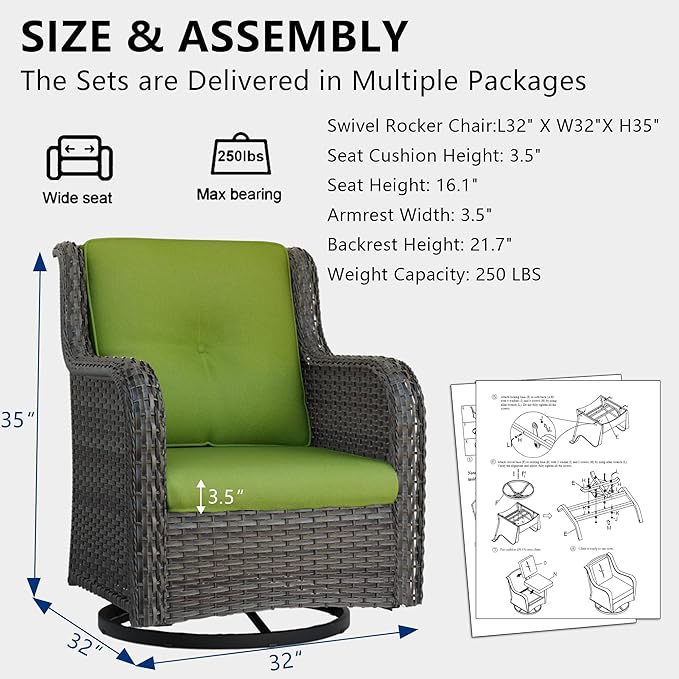 Outdoor Swivel Rocker Patio Chairs Set of 2 - Outdoor Wicker Swivel Glider Chairs 2 Pieces with Olefin Fabric Cushions Suitable for Backyard Deck and Porch(Mixed Grey/Green)