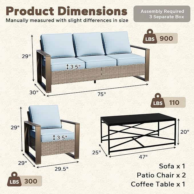 4 Pieces Patio Furniture Set with Wicker 75" Sofa, Two Armchairs, One Coffee Table, All Weather Outdoor Conversation Furniture Set with Metal Armrest & Removable Cushions for Deck, Baby Blue