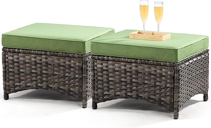 4 Pieces Outdoor Patio Furniture Set Wicker Chairs Set of 2 with Two Ottomans for Backyard, Porch, Balcony(Mixed Grey/Green)