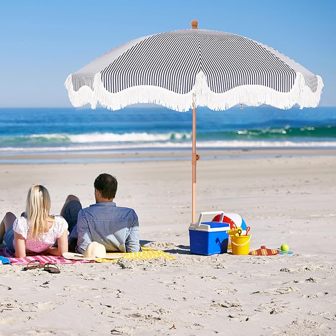 MFSTUDIO 7ft Beach Umbrella with Fringe, Tassel Umbrellas UPF50+ with Tilt Button & Crank, Holiday Outdoor Umbrella with Carry Bag, Ideal for Garden Lawn Poolside, Navy Blue Stripe