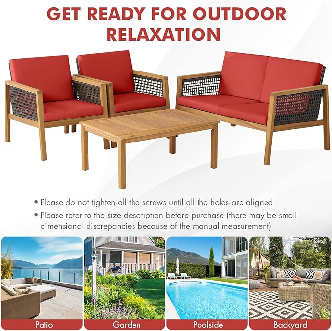 HAPPYGRILL 4 Pieces Patio Conversation Set Acacia Wood Furniture Set with Coffee Table, PE Rattan Wicker Sofa Set with Soft Cushions for Outdoor Garden Deck Poolside
