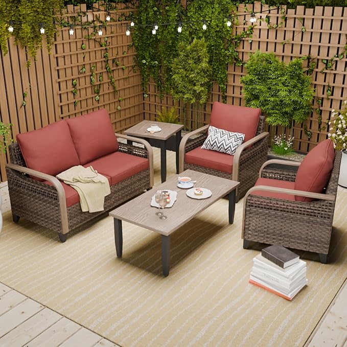 COOS BAY Modern Wicker Outdoor Furniture Set, 5 Piece Patio Conversation Set with 2 Patio Chairs, a Loveseat, Coffee Table and Side Table, 5 Piece, Brown/Red