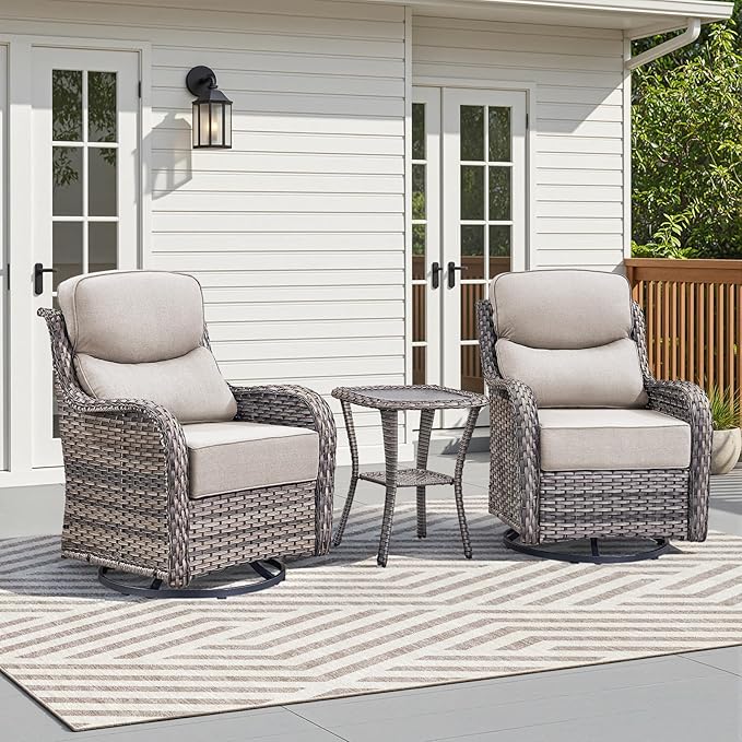 Luxury Outdoor Swivel Rocker Patio Chairs-3 Piece Wicker Patio Rocking Chairs Set of 2 with Glass Side Table 6" Thick Cushions High Back Outdoor Furniture Sets for Deck Porch Balcony(Grey/Beige)