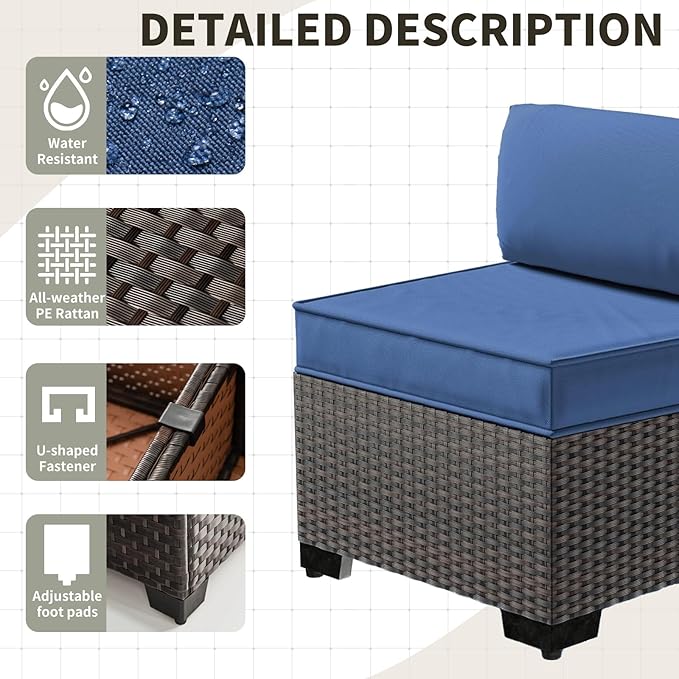 Gotland 12 Pieces Patio Furniture Set, Wicker Outdoor Sectional with Wide Armrests 29.5'' High Backrest 4'' Thick Waterproof Cushions, Oversized Patio Furniture for Deck Garden Navy