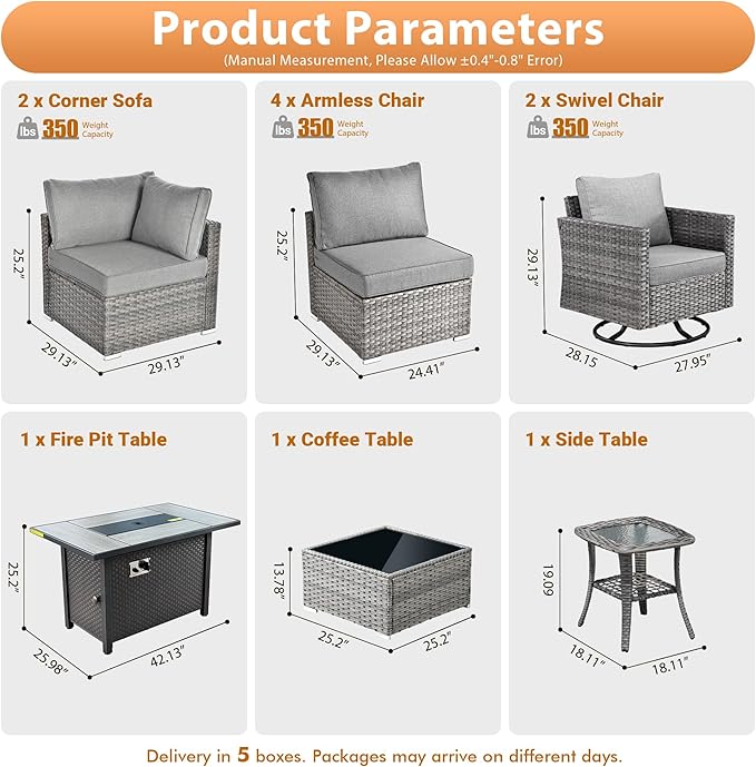 11 PCS Outdoor Patio Furniture Sets with 42'' Fire Pit Table,Wicker Weather Resistant Patio Conversation Set with 2 Wicker Rocking Chair,Modular L Shaped Sofa with Coffee Table for Yard,Dark Grey