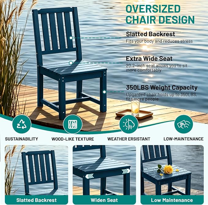 PLUUV 7-Piece Outdoor Dining Set – HDPE Patio Furniture with Umbrella Hole Table, Aluminum Legs, and 6 Armless Chairs, Weatherproof & Easy-Clean for Backyard, Garden, Navy Blue