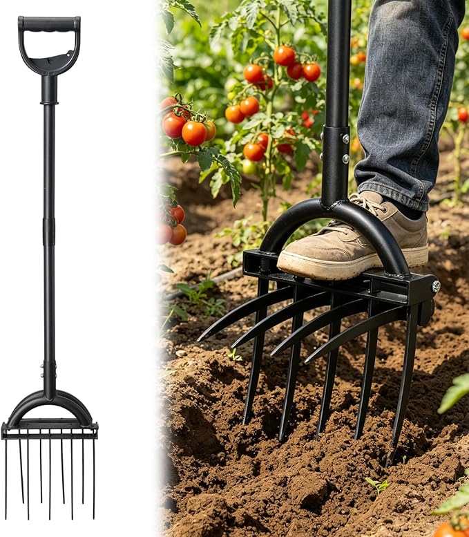 Broad Fork Garden Tool, 63” Heavy Duty Broadfork Hand Tiller with Double 5+4 Sharp Tines, Garden Pitchfork with Ergonomic D-Shaped Handle, Spading Digging Fork for Compost Soil Cultivating Loosening