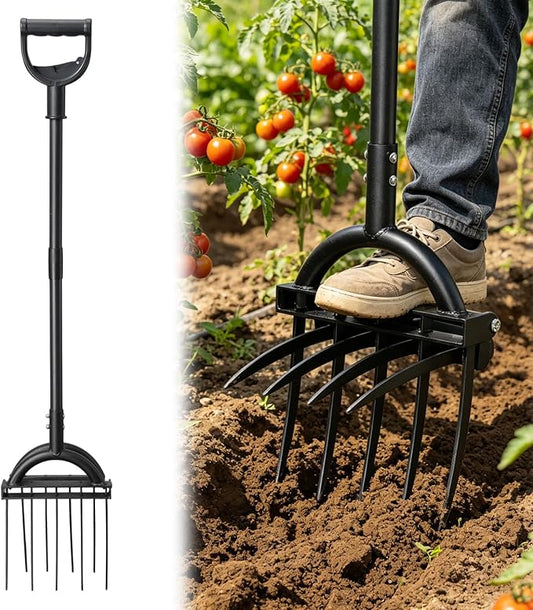 Broad Fork Garden Tool, 63” Heavy Duty Broadfork Hand Tiller with Double 5+4 Sharp Tines, Garden Pitchfork with Ergonomic D-Shaped Handle, Spading Digging Fork for Compost Soil Cultivating Loosening