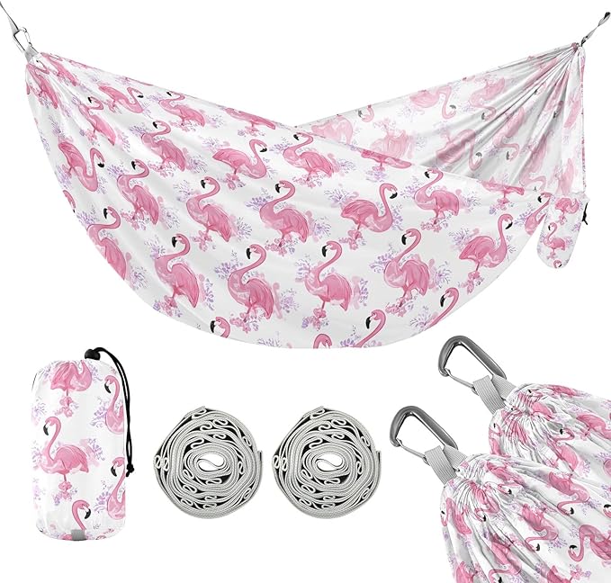 Camping Hammock Outdoor Hammocks for Outside Flamingo Flowers Cute Beach Trees Portable Lightweight with Pockets Tree Straps Indoor