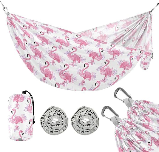 Camping Hammock Outdoor Hammocks for Outside Flamingo Flowers Cute Beach Trees Portable Lightweight with Pockets Tree Straps Indoor