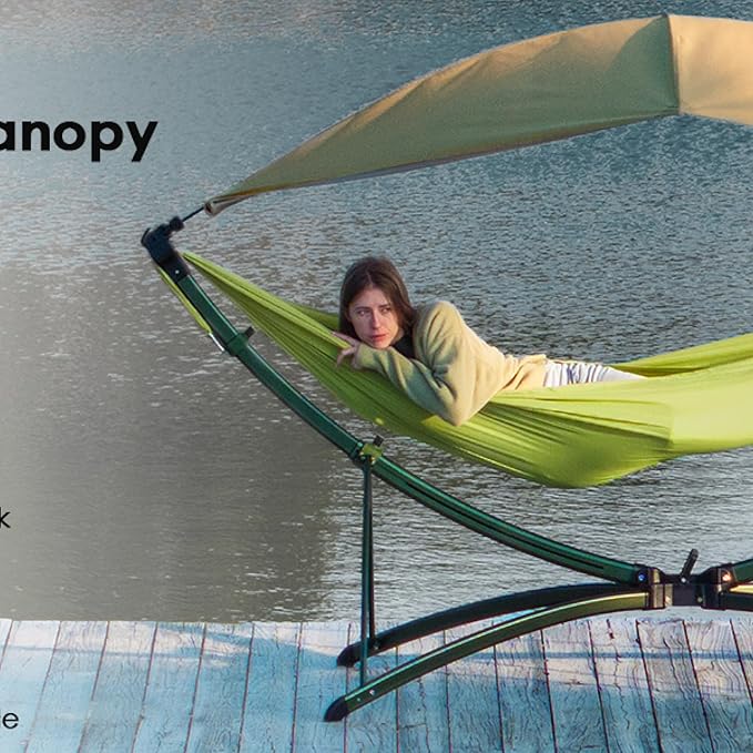 Portable Outdoor Hammock with Quick-Fold Stand and Adjustable Sunshade for Ultimate Relaxation in Gardens, Camping, and Beach Settings - Spacious Design with Storage Bag Included