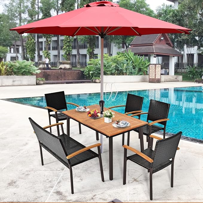 SlickBlue 55" Outdoor Acacia Dining Table with Umbrella Hole for Garden Patio