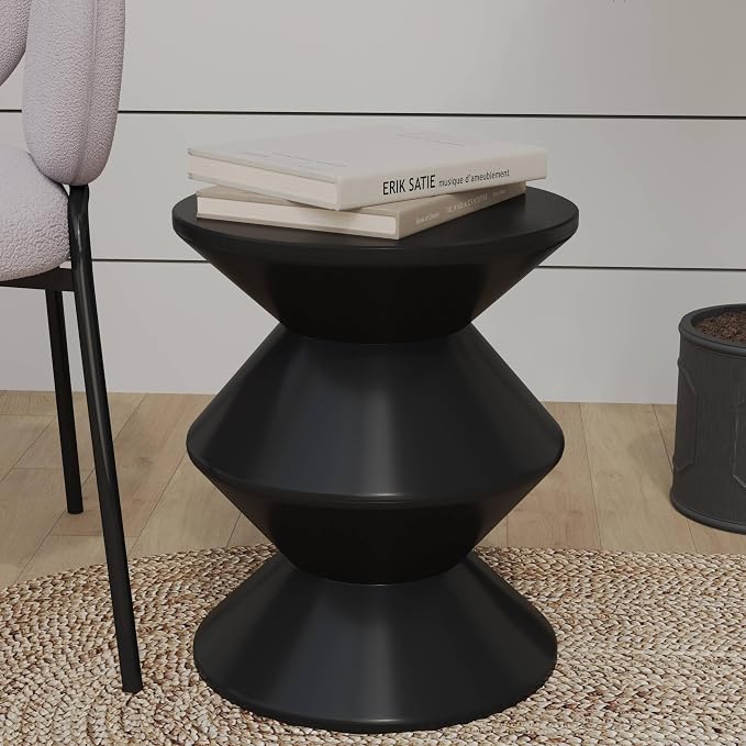 LeisureMod Aura Collection Modern Round Side Table - Black ABS Plastic Double-Hourglass Pedestal - No Assembly Weatherproof Accent Furniture for Living Room, Patio & Outdoor Decor