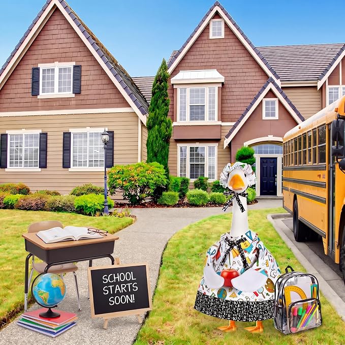 FuWeave Back to School Porch Goose Outfit Set for Plastic Statue Lawn Porch Goose Clothes with Schoolbag for Patio Decor