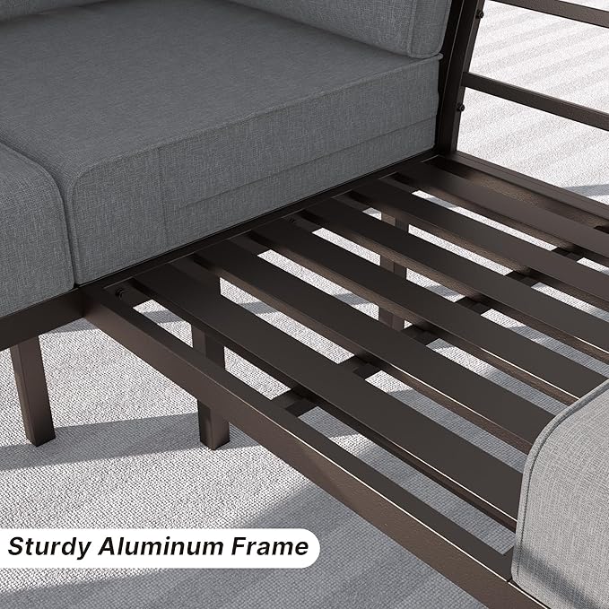 Gotland Aluminum Patio Furniture Set, Metal Outdoor Furniture with 2 Ottomans 5.1’’ High-Resilience Seat Cushions, 5 Piece Patio Set, Oversized Outdoor Sectional Patio Conversation Sets, Gray