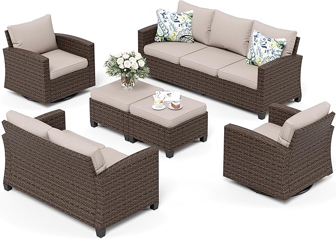 Swivel Glider Patio Furniture Set Outdoor Furniture Brown Wicker Rattan Patio Conversation Sets with Cushion Outside Sofa Set,6 Pieces 9 Seats,Beige