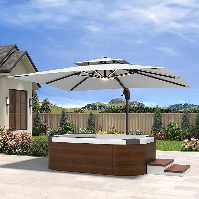 10' X 13' Cantilever Patio Umbrella with Led Lights Double Top Rectangular Outdoor Large Offset Umbrellas with 7 Tilts Adjustable 360°Rotation for Deck Pool Garden Backyard, Fog Grey