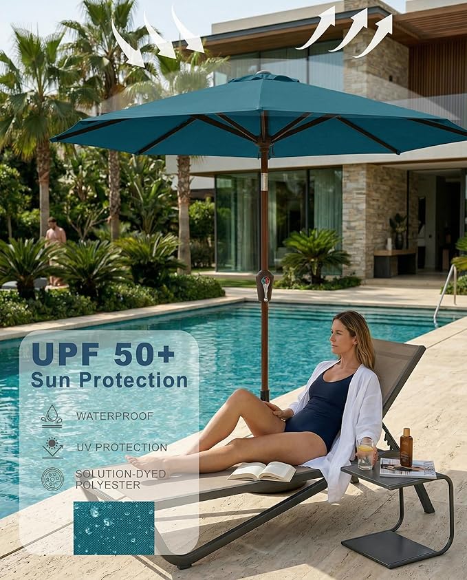 PatioKingdom 10FT Patio Umbrella with Push Button Tilt and Crank, Outdoor Market Umbrella with 8 Fiberglass Ribs, UV Protection Table Umbrella for Pool,Backyard,Garden,Deck