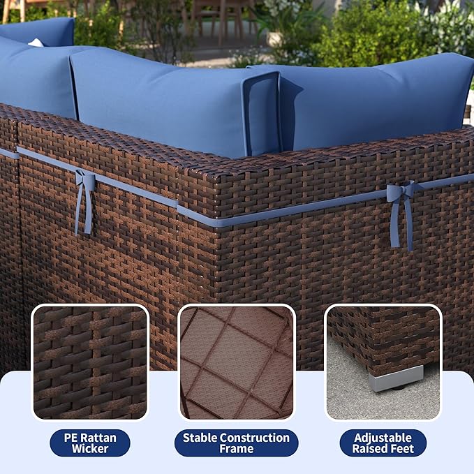 Patio Furniture Set, 7 Piece Outdoor Sectional with Waterproof Cover, All-Weather Wicker Patio Conversation Sets for Backyard (Brown with Navy Cushion)