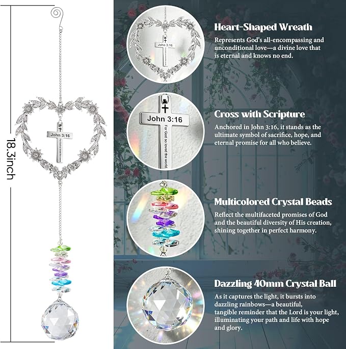 Christian Gifts for Women, Religious Suncatcher for Birthday Friendship | Catholic Baptism Gift, John 3:16 Crystal Ornament with Cross, Bible Verse Indoor Window Decor Spiritual Suncatcher