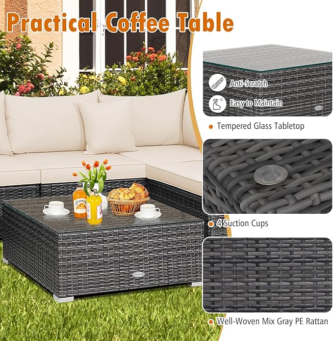 Tangkula 7 Piece Patio Wicker Furniture Set, Outdoor Rattan Sectional Sofa Set for 6 with Seat & Back Cushions, 2 Throw Pillows, Sofa Fastener Clips, for Backyard, Poolside, Deck and Garden (Beige)