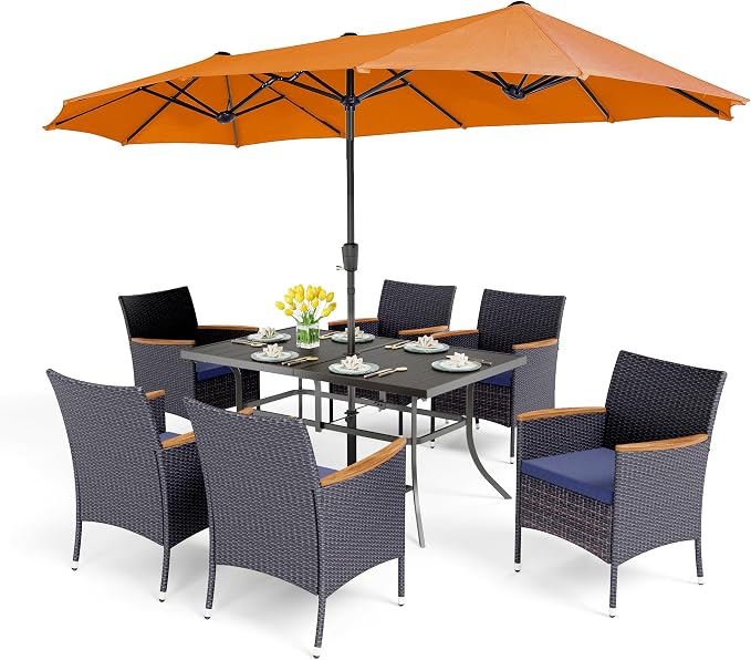 PHI VILLA 7pc Patio Dining Set w/Umbrella, Rectangular Table, Rattan Chairs | Outdoor Dining Set for 6, 60" Metal Table & 6 Cushioned Rattan Chairs with Red Umbrella for Outdoor, Deck, Yard, Porch