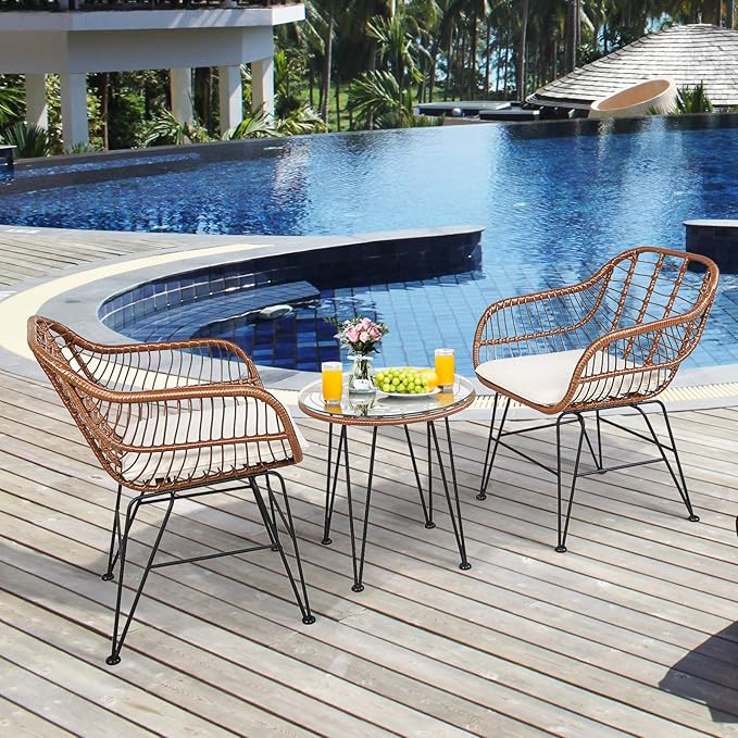 COSTWAY 3 Pieces Patio Bistro Set, Outdoor Rattan Conversation Seating Chair Set with Coffee Table & Soft Cushions, Indoor Wicker Furniture Set for Garden, Balcony, Porch, Pool,Beige