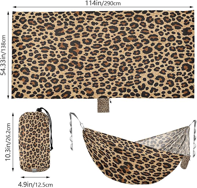 Brown Leopard Print Camping Hammock, Portable Lightweight Single Hammock with Tree Straps and Aluminum Carabiners, 114" x 54" Travel Hammock for Hiking Backpacking Beach