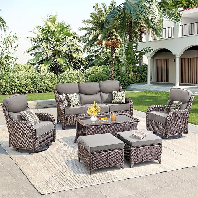 Luxury 6 Pieces Outdoor Patio Furniture Set-All Weather Wicker Outdoor Furniture with Swivel Rocker Patio Chairs 6-inch Extra Thick Cushions Wicker Conversation Set for Garden Porch(Brown/Grey)