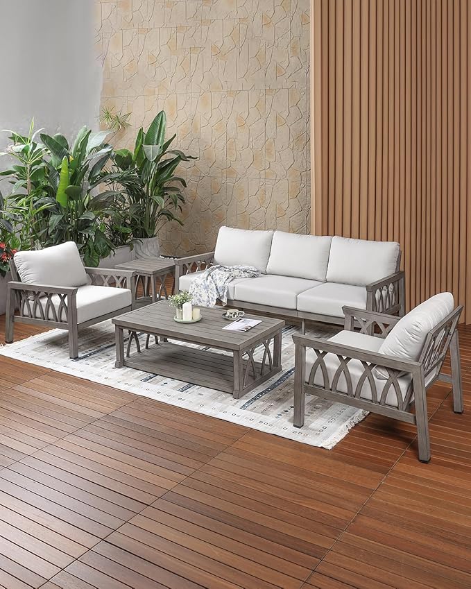 5-Piece Patio Furniture Set, Aluminum Outdoor Sectional Couch Set, Patio Conversation Set with Thick Cushions, Weather-Resistant Outdoor Furniture Set for Porch, Deck, Pool, Limed Oak