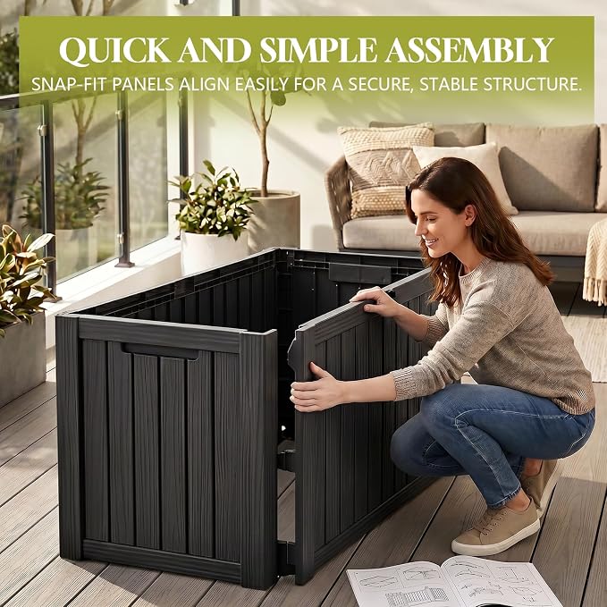 Waterproof Outdoor Storage Box Outside Deck Box Lockable Resin Bench UV Resistant Furniture Cushion Pool Tool Float Bin Patio Garden Porch (Black, 180 Gallon)