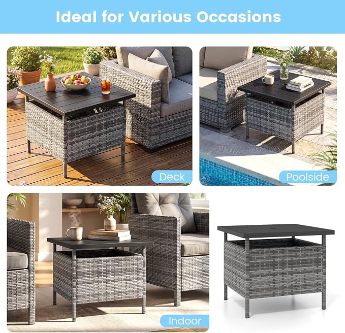 HAPPYGRILL Patio Umbrella Table Stand, Rattan Outdoor Side Table with Umbrella Hole, PE Wicker Frame, for Patio Garden Deck Poolside